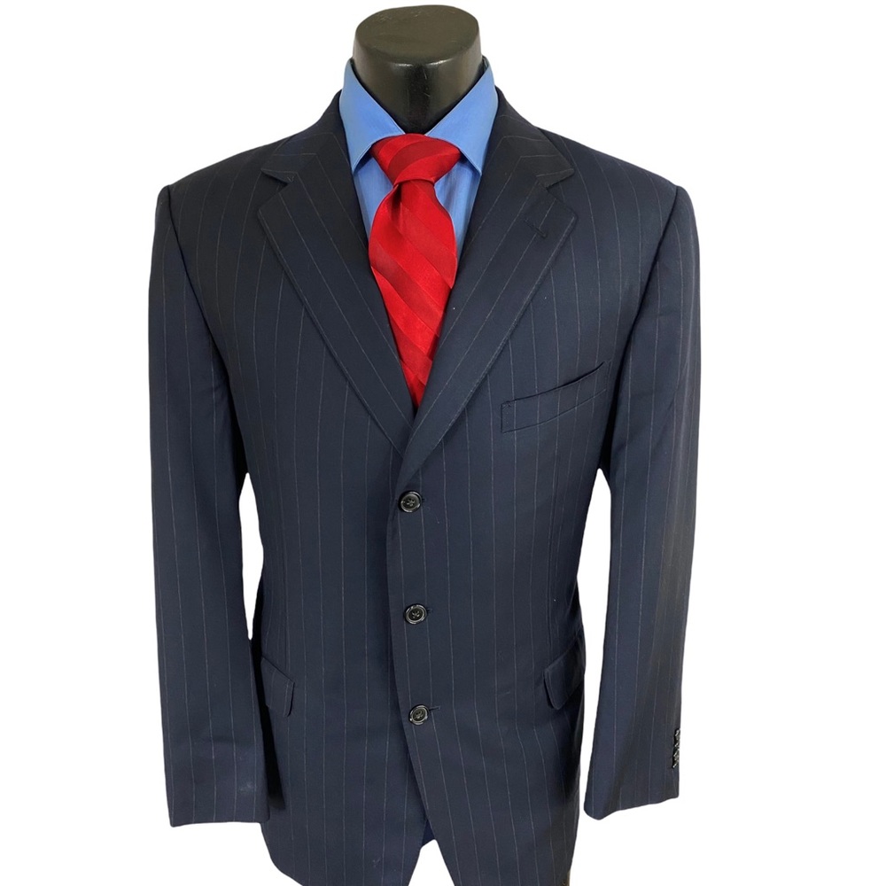 Ermenegildo Zegna Mens Sport Coat Blazer Navy Blue Chalk Stripe 42L Wool